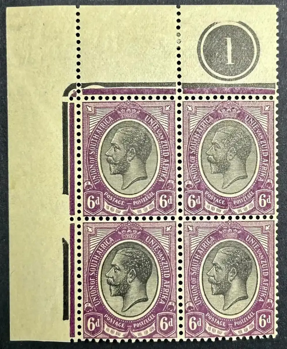 Union of South Africa 1913 KGV Kings Head 6d. Upper left corner block of four showing plate '1' in margin. SG10. MNH(**) Union of South Africa 1913 KGV Kings Head 6d. Upper left corner block of four showing plate '1' in margin. SG10. MNH(**)