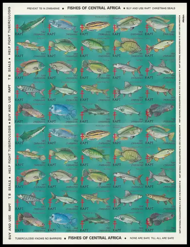 Zimbabwe 1984 RAPT Imperforate sheet of 50, Fishes of Africa. MNH(**) Zimbabwe 1984 RAPT Imperforate sheet of 50, Fishes of Africa. MNH(**)