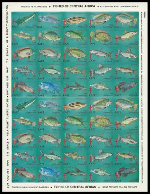 Zimbabwe 1984 RAPT Imperforate sheet of 50, Fishes of Africa. MNH(**) Zimbabwe 1984 RAPT Imperforate sheet of 50, Fishes of Africa. MNH(**)