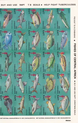 Zimbabwe 1984 RAPT Imperforate sheet of 50, Fishes of Africa. MNH(**)