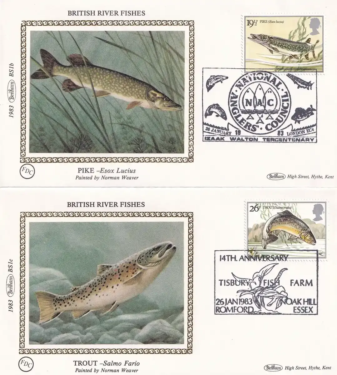 Great Britain 1983 British River Fishes. Set of 4 Silk Covers Great Britain 1983 British River Fishes. Set of 4 Silk Covers