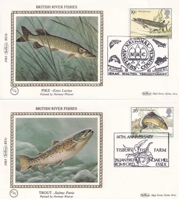 Great Britain 1983 British River Fishes. Set of 4 Silk Covers Great Britain 1983 British River Fishes. Set of 4 Silk Covers