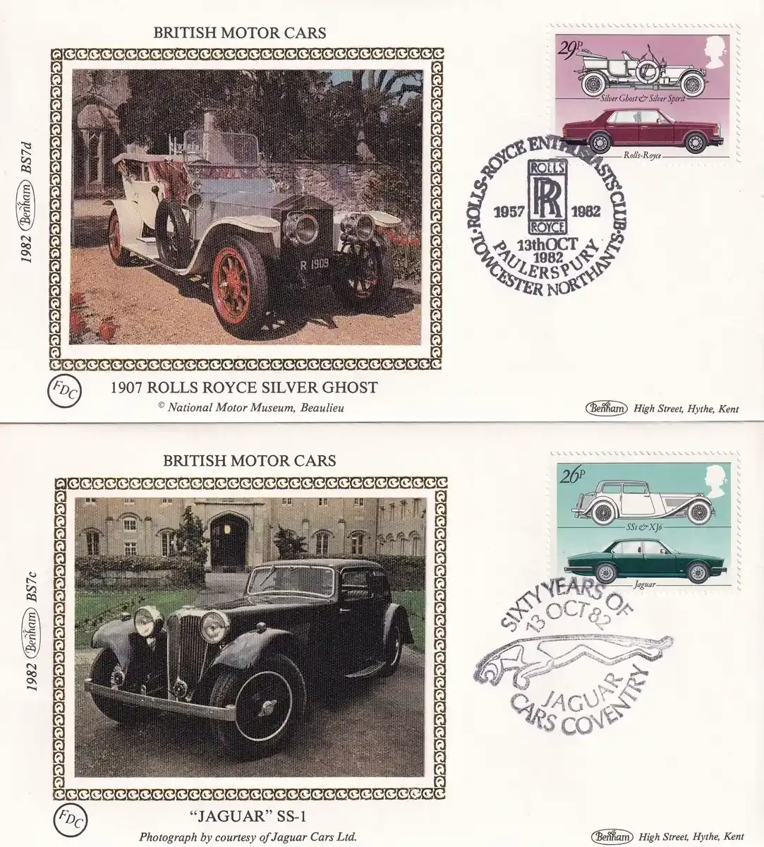 Great Britain 1982 British Motor Cars, Automibles. Set of 4 Silk Covers