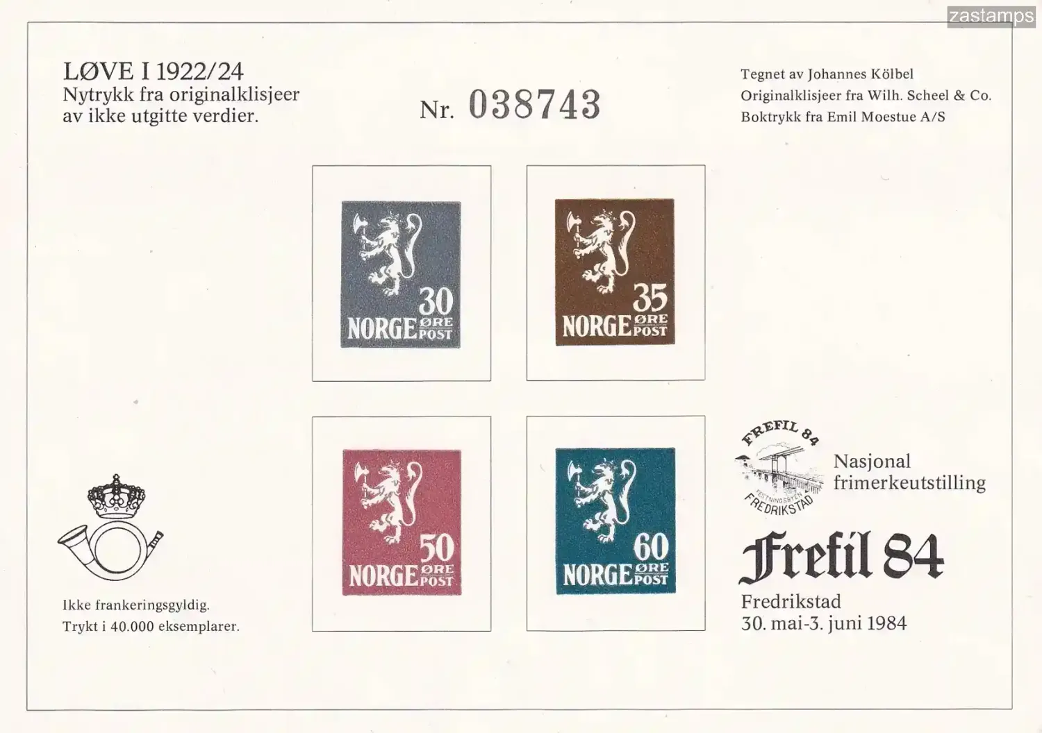 Norway 1984 Frefil 84, Colorprint. (Reproduces four unissued values of Scott #100-3 [in addition to the six on Filos 83]. MNH(**)
