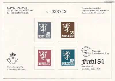 Norway 1984 Frefil 84, Colorprint. (Reproduces four unissued values of Scott #100-3 [in addition to the six on Filos 83]. MNH(**)
