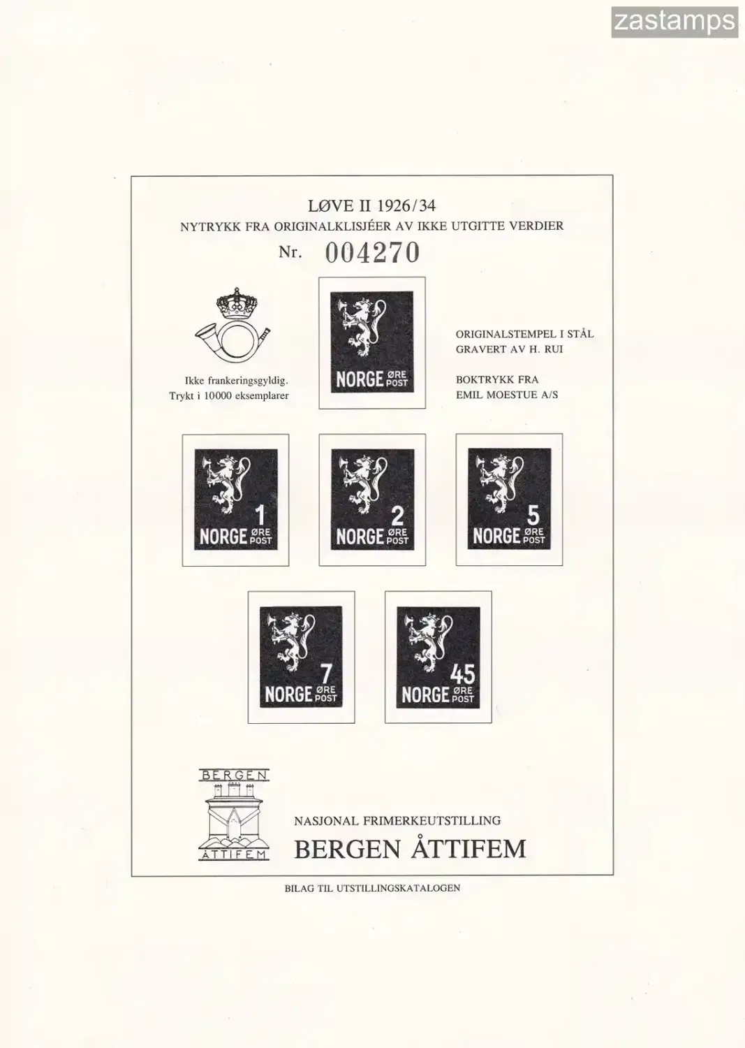 Norway 1985 Bergen 85, Black Print. (Reproduces five unissued values of Scott #115-28 and the master die without denomination.) MNH(**) Norway 1985 Bergen 85, Black Print. (Reproduces five unissued values of Scott #115-28 and the master die without denomination.) MNH(**)