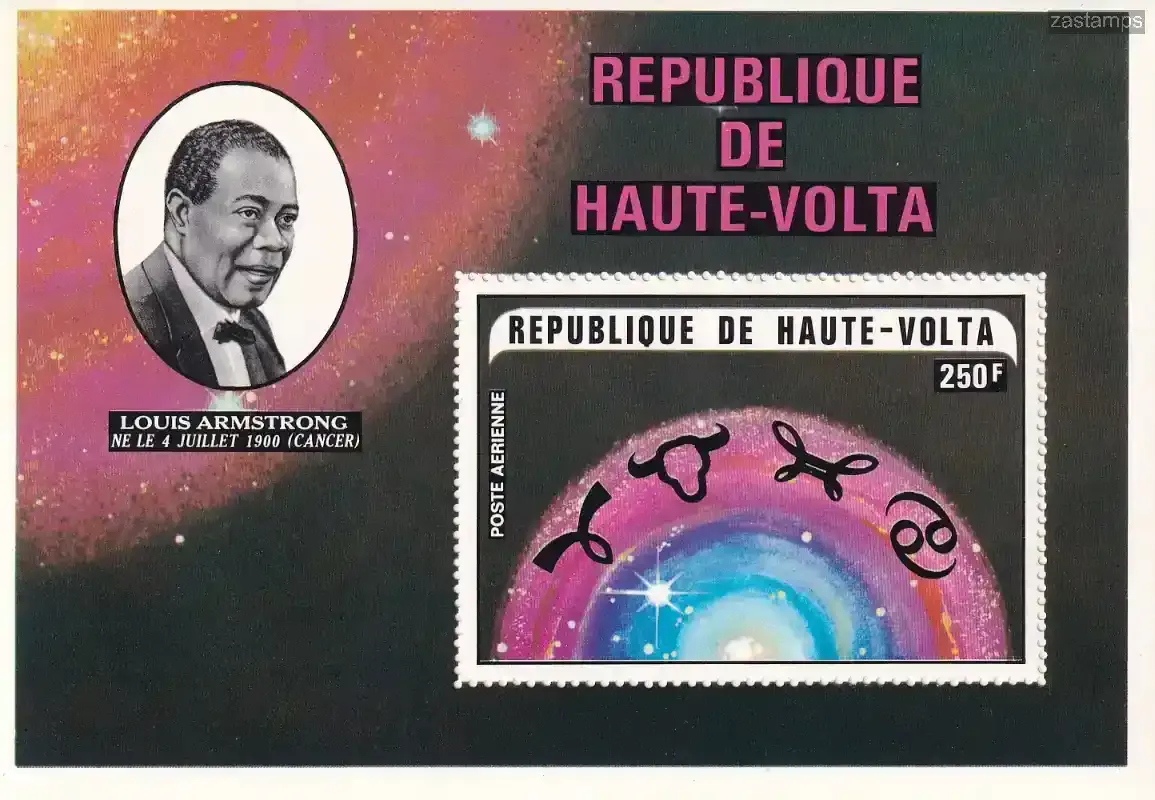 Upper Volta 1973 Airmail - Personalities and their Zodiac Signs, Louis Armstrong (ss/v1). MNH(**) Upper Volta 1973 Airmail - Personalities and their Zodiac Signs, Louis Armstrong (ss/v1). MNH(**)