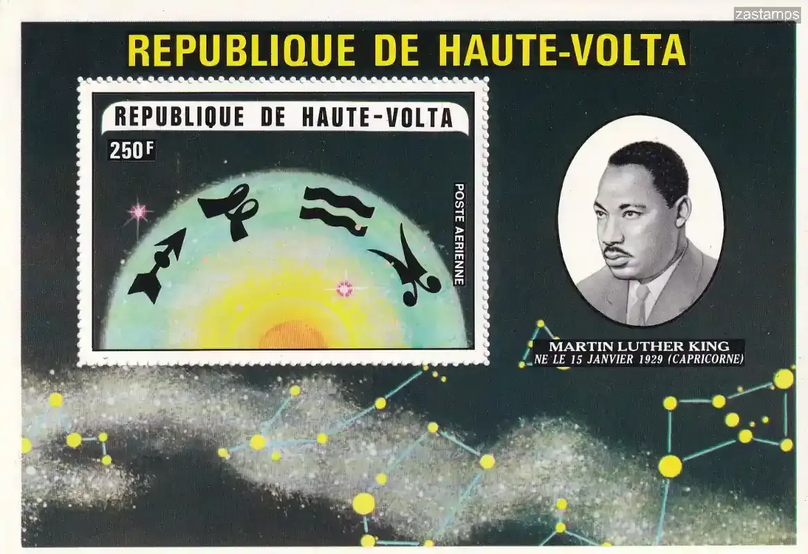 Upper Volta 1973 Airmail - Personalities and their Zodiac Signs, Luther King (ss/v1). MNH(**) Upper Volta 1973 Airmail - Personalities and their Zodiac Signs, Luther King (ss/v1). MNH(**)