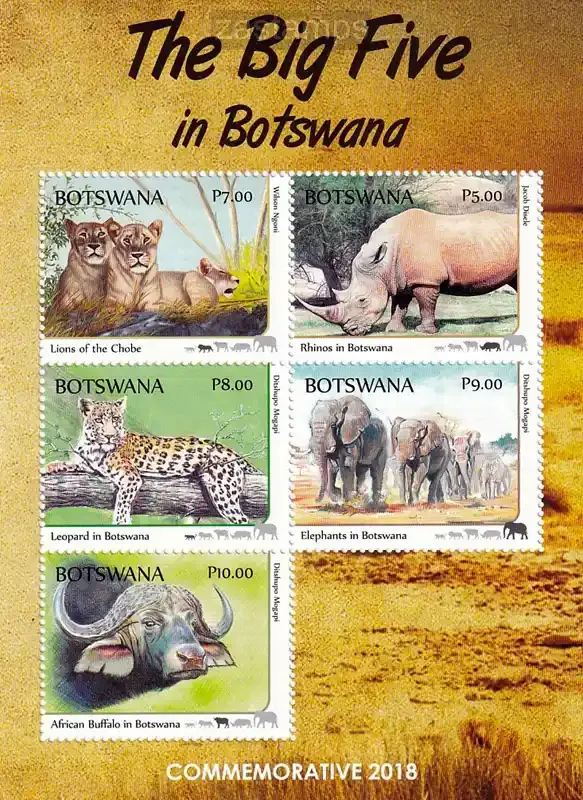 Botswana 2018 Big Five, Mammals. (ss/v5). MNH Botswana 2018 Big Five, Mammals. (ss/v5). MNH