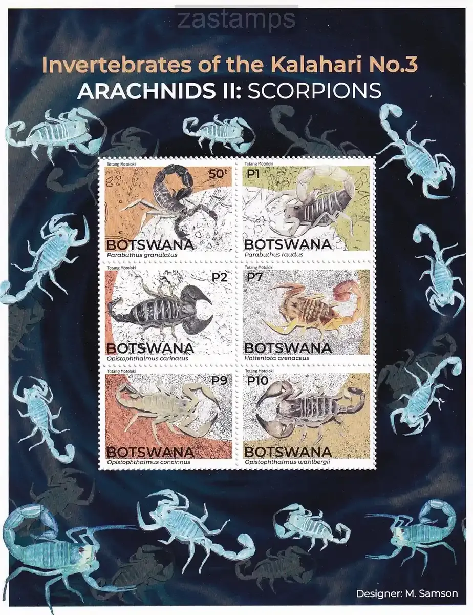 Botswana 2021 Fauna - Invertebrates of the Kalahari - Arachnids - Scorpions. (ss/v6) MNH(**) Botswana 2021 Fauna - Invertebrates of the Kalahari - Arachnids - Scorpions. (ss/v6) MNH(**)