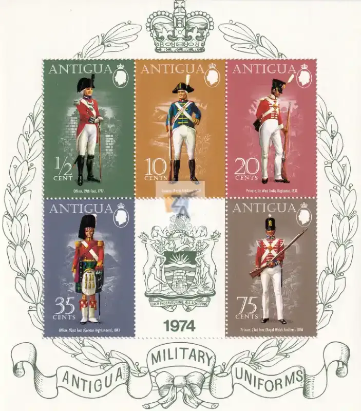 Antigua 1974 Military Uniforms (ss/v5). MNH(**) Antigua 1974 Military Uniforms (ss/v5). MNH(**)