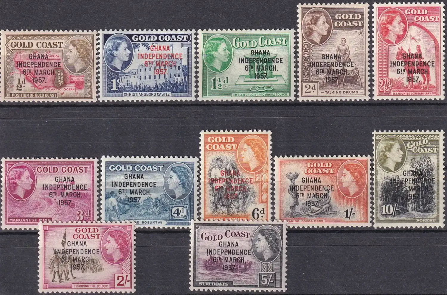 Ghana 1957 Stamps of 1952 of the Gold Coast Overprinted "GHANA INDEPENDENCE 6TH.. MARCH, 1957"MLH (*)