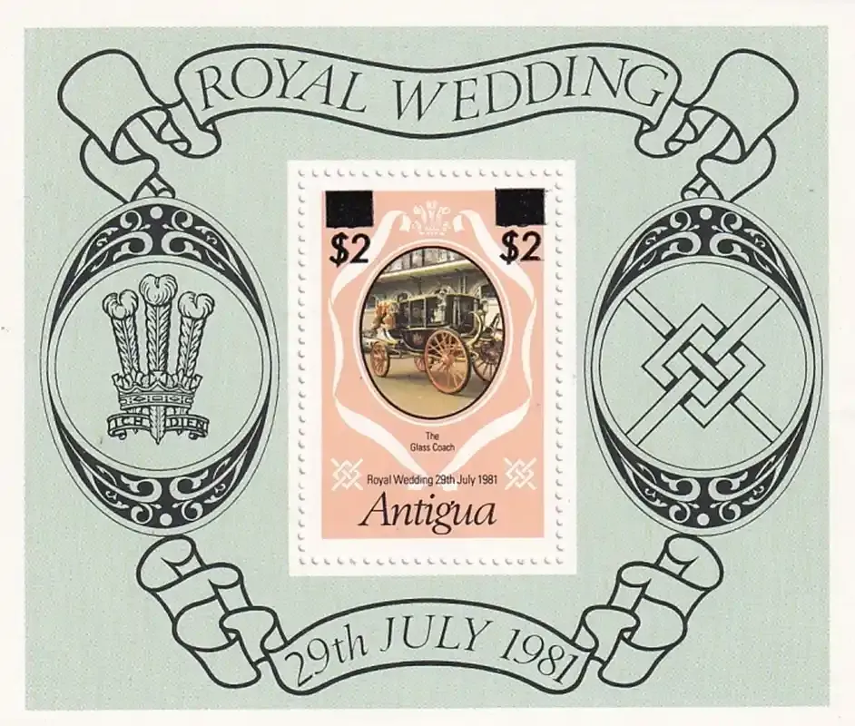 Antigua 1981 Royal Wedding (Surcharged)- Prince Charles and Lady Diana Spencer (ss/v1). MNH(**) Antigua 1981 Royal Wedding (Surcharged)- Prince Charles and Lady Diana Spencer (ss/v1). MNH(**)