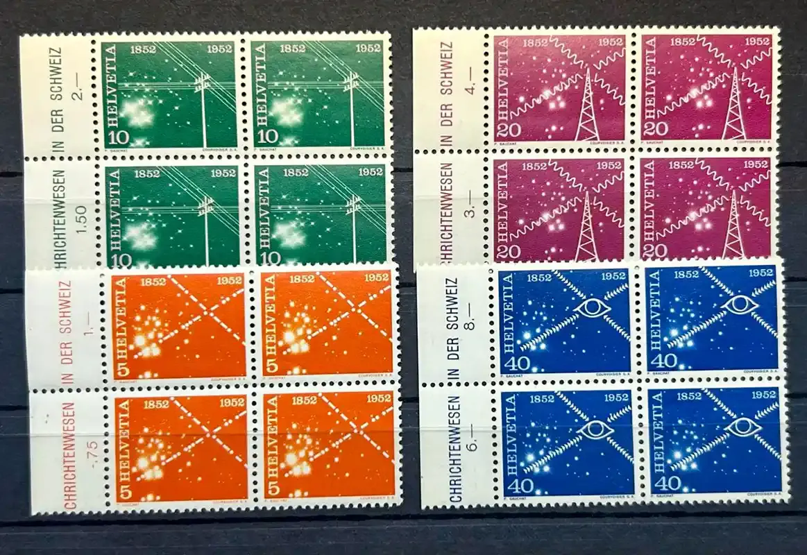 Switzerland 1952 The 100th Anniv of Electric Communications in Switzerland. Blocks of 4. MNH(**) Switzerland 1952 The 100th Anniv of Electric Communications in Switzerland. Blocks of 4. MNH(**)