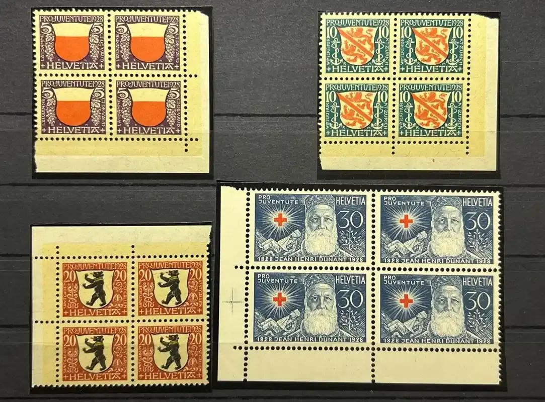 Switzerland 1928 Pro Juventute - City coat of arms and portrait of Henri Dunant, Michel 229-232. Blocks of 4. MNH(**) Switzerland 1928 Pro Juventute - City coat of arms and portrait of Henri Dunant, Michel 229-232. Blocks of 4. MNH(**)