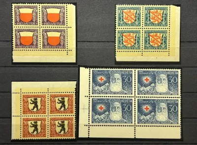 Switzerland 1928 Pro Juventute - City coat of arms and portrait of Henri Dunant, Michel 229-232. Blocks of 4. MNH(**)