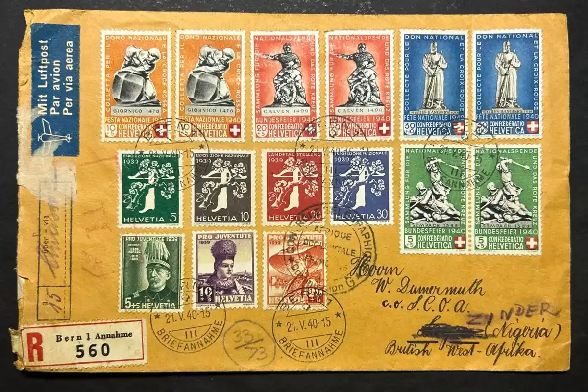 Switzerland 1940 Pro Patria - Registered Airmail, Bern to Nigeria, British West Africa.