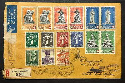 Switzerland 1940 Pro Patria - Registered Airmail, Bern to Nigeria, British West Africa. Switzerland 1940 Pro Patria - Registered Airmail, Bern to Nigeria, British West Africa.