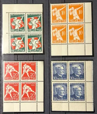 Switzerland 1932 Pro Juventute - Sport representations and portrait of Eugen Huber, SBK J61-J64, Michel 262-265. Blocks of 4. MNH(**) Switzerland 1932 Pro Juventute - Sport representations and portrait of Eugen Huber, SBK J61-J64, Michel 262-265. Blocks of 4. MNH(**)