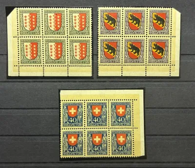 Switzerland 1921 Pro Juventute - Canton coat of arms Swiss coat of arms (Valais, Bern, Switzerland), Michel 172-174. Marginal blocks of 6. MNH(**)