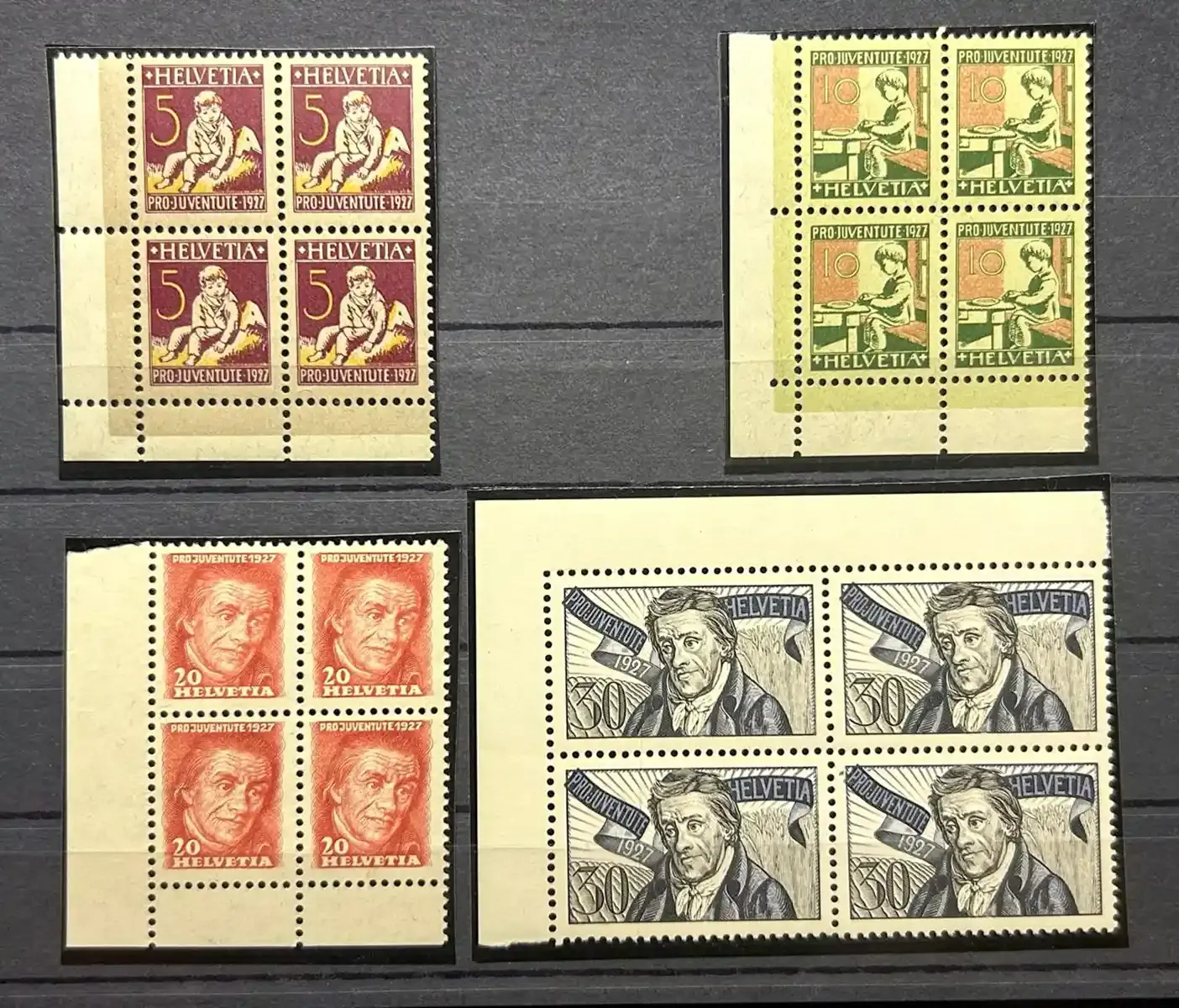 Switzerland 1927 Pro Juventute - Pestalozzi commemorative stamps, Michel 222-25. Marginal blocks of 4. MNH(**) Switzerland 1927 Pro Juventute - Pestalozzi commemorative stamps, Michel 222-25. Marginal blocks of 4. MNH(**)