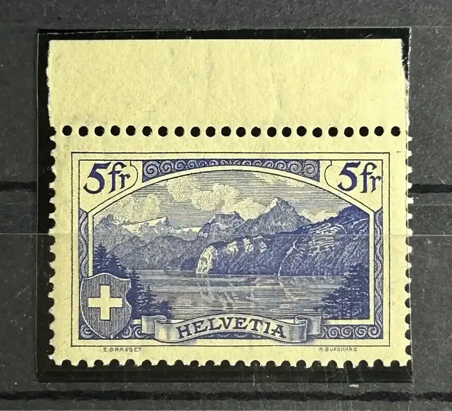 Switzerland 1928 Mountain landscapes, Rütli blue 5Fr, new drawing, Michel 227. MNH(**) Switzerland 1928 Mountain landscapes, Rütli blue 5Fr, new drawing, Michel 227. MNH(**)