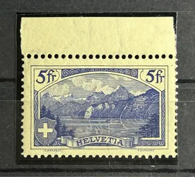 Switzerland 1928 Mountain landscapes, Rütli blue 5Fr, new drawing, Michel 227. MNH(**) Switzerland 1928 Mountain landscapes, Rütli blue 5Fr, new drawing, Michel 227. MNH(**)
