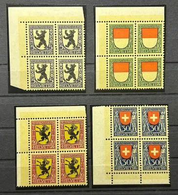 Switzerland 1924 Pro Juventute - Canton coat of arms Swiss coat of arms (Appenzell Innerrhoden, Solothurn, Schaffhausen, Switzerland), Michel 209-212. Marginal blocks of 4. MNH(**) Switzerland 1924 Pro Juventute - Canton coat of arms Swiss coat of arms (Appenzell Innerrhoden, Solothurn, Schaffhausen, Switzerland), Michel 209-212. Marginal blocks of 4. MNH(**)