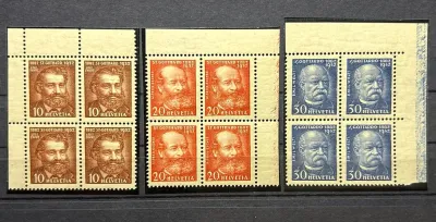 Switzerland 1932: 50 years of the Gotthard Railway (Louis Favre, Alfred Escher, Emil Welti). Michel 259-61, Blocks of 4. MNH(**) Switzerland 1932: 50 years of the Gotthard Railway (Louis Favre, Alfred Escher, Emil Welti). Michel 259-61, Blocks of 4. MNH(**)
