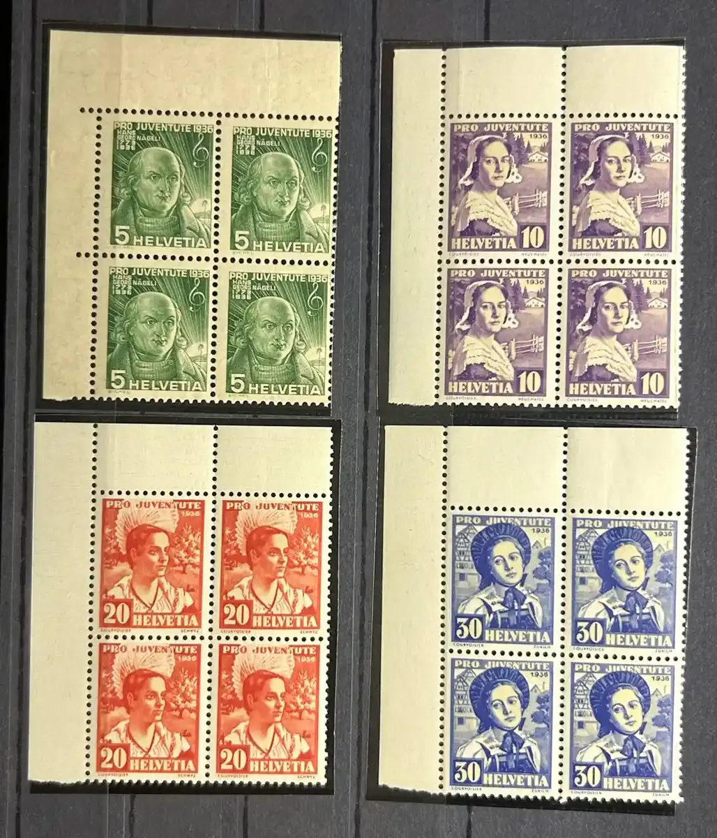 Switzerland 1936 Pro Juventute - Portrait of Hans Georg Nägeli and Swiss women's costumes, Michel 306-309. Marginal blocks of 4. MNH(**) Switzerland 1936 Pro Juventute - Portrait of Hans Georg Nägeli and Swiss women's costumes, Michel 306-309. Marginal blocks of 4. MNH(**)