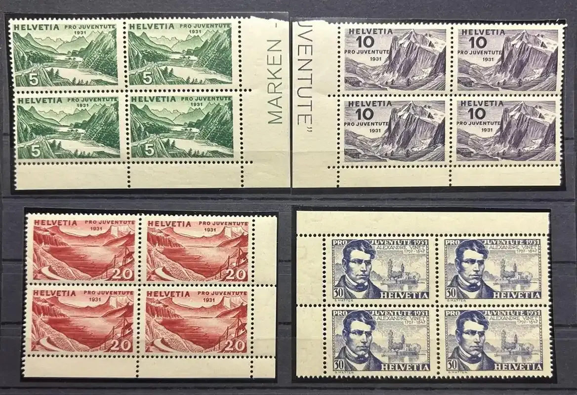 Switzerland 1931 Pro Juventute - Landscapes and Portrait of Alexandre Vinet, SBK J57-J60, Michel 246-249. Marginal blocks of 4. MNH(**) Switzerland 1931 Pro Juventute - Landscapes and Portrait of Alexandre Vinet, SBK J57-J60, Michel 246-249. Marginal blocks of 4. MNH(**)