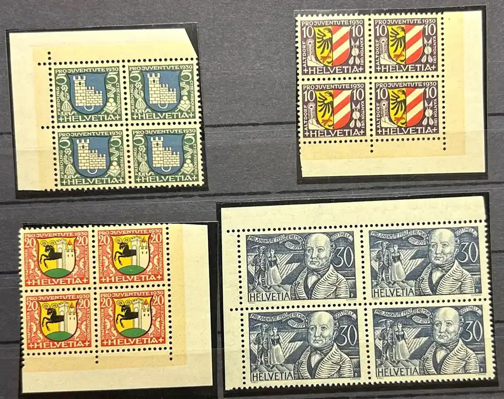 Switzerland 1930 Pro Juventute - City coat of arms and portrait of Jeremias Gotthelf, Michel 241-244. Marginal blocks of 4. MNH(**) Switzerland 1930 Pro Juventute - City coat of arms and portrait of Jeremias Gotthelf, Michel 241-244. Marginal blocks of 4. MNH(**)