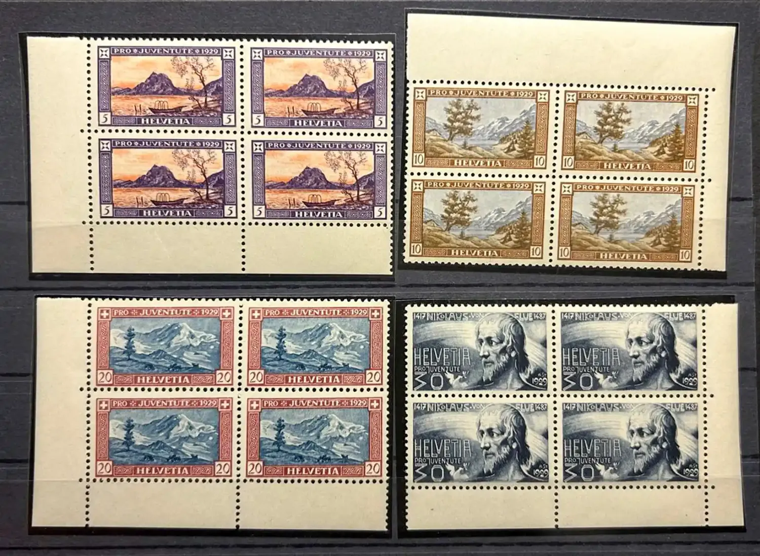 Switzerland 1929 Pro Juventute - Landscapes and portrait of Nikolaus von der Flüe, Michel 235-238. Marginal blocks of 4. MNH(**)