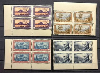 Switzerland 1929 Pro Juventute - Landscapes and portrait of Nikolaus von der Flüe, Michel 235-238. Marginal blocks of 4. MNH(**) Switzerland 1929 Pro Juventute - Landscapes and portrait of Nikolaus von der Flüe, Michel 235-238. Marginal blocks of 4. MNH(**)