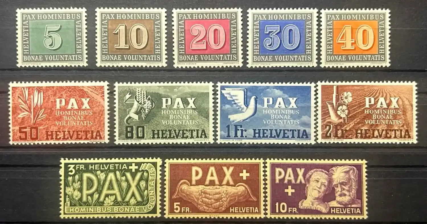 Switzerland 1945 Memorial Issue to Armistice in Europe (Pax Stamps), Complete Set. Michel 447-459. MNH(**) last 2 values MH(*) Switzerland 1945 Memorial Issue to Armistice in Europe (Pax Stamps), Complete Set. Michel 447-459. MNH(**) last 2 values MH(*)