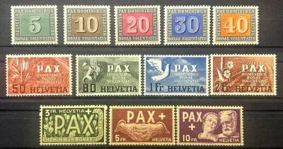 Switzerland 1945 Memorial Issue to Armistice in Europe (Pax Stamps), Complete Set. Michel 447-459. MNH(**) last 2 values MH(*)