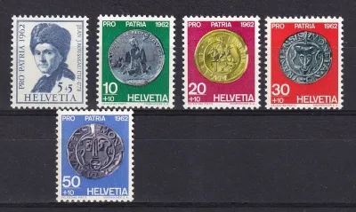Switzerland 1962 Pro Patria - The 250th Anniv of the Birth of Jean Jacques Rousseau - Coins. MNH(**) Switzerland 1962 Pro Patria - The 250th Anniv of the Birth of Jean Jacques Rousseau - Coins. MNH(**)