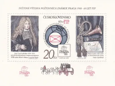 Czechoslovakia 1986 Praga '88 Stamp Exhibition, Prague and 60th Anniv of Int Philatelic Federation. Imperf between stamps and label, Michel Block 67C (ss/3v) MNH(**) Czechoslovakia 1986 Praga '88 Stamp Exhibition, Prague and 60th Anniv of Int Philatelic Federation. Imperf between stamps and label, Michel Block 67C (ss/3v) MNH(**)