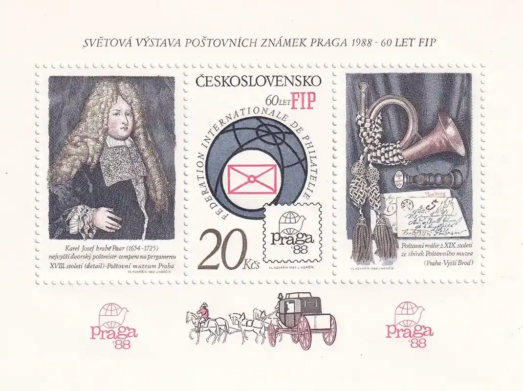Czechoslovakia 1986 Praga '88 Stamp Exhibition, Prague and 60th Anniv of Int Philatelic Federation. Full Perf, SG 2833 (ss/3v) MNH(**) Czechoslovakia 1986 Praga '88 Stamp Exhibition, Prague and 60th Anniv of Int Philatelic Federation. Full Perf, SG 2833 (ss/3v) MNH(**)