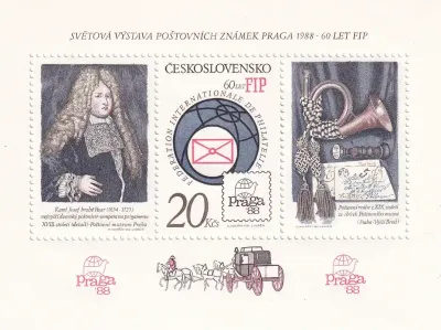 Czechoslovakia 1986 Praga '88 Stamp Exhibition, Prague and 60th Anniv of Int Philatelic Federation. Full Perf, SG 2833 (ss/3v) MNH(**) Czechoslovakia 1986 Praga '88 Stamp Exhibition, Prague and 60th Anniv of Int Philatelic Federation. Full Perf, SG 2833 (ss/3v) MNH(**)