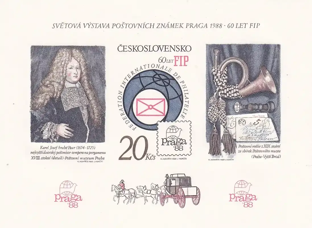 Czechoslovakia 1986 Praga '88 Stamp Exhibition, Prague and 60th Anniv of Int Philatelic Federation. Full Imperf, Michel Block 67B (ss/3v) MNH(**) Czechoslovakia 1986 Praga '88 Stamp Exhibition, Prague and 60th Anniv of Int Philatelic Federation. Full Imperf, Michel Block 67B (ss/3v) MNH(**)