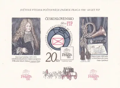 Czechoslovakia 1986 Praga '88 Stamp Exhibition, Prague and 60th Anniv of Int Philatelic Federation. Full Imperf, Michel Block 67B (ss/3v) MNH(**) Czechoslovakia 1986 Praga '88 Stamp Exhibition, Prague and 60th Anniv of Int Philatelic Federation. Full Imperf, Michel Block 67B (ss/3v) MNH(**)