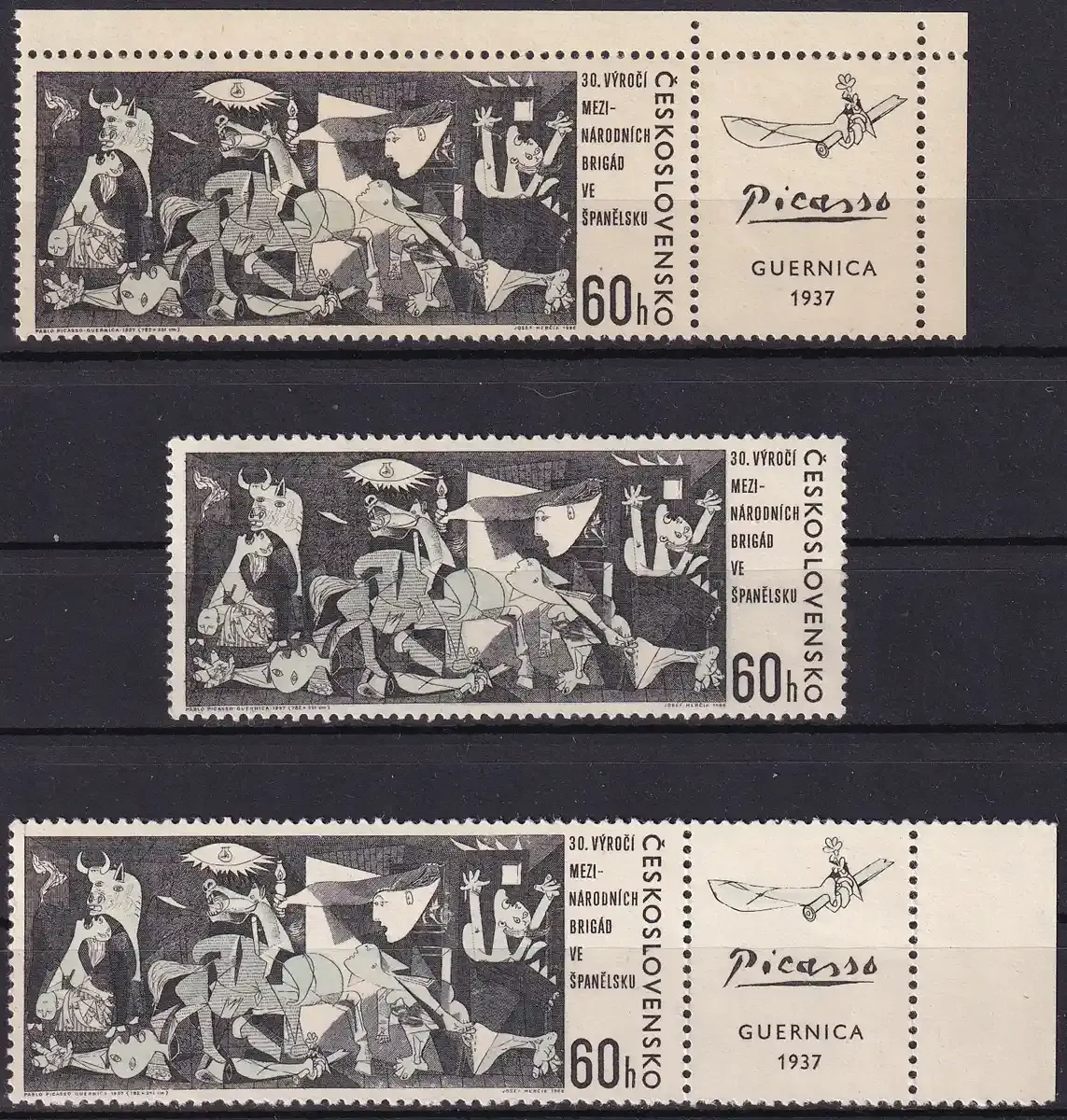 Czechoslovakia, 1966 30th Anniv of Formation of Int Brigades in Spain. Picasso, Selection with margins & tab. MNH(**) Czechoslovakia, 1966 30th Anniv of Formation of Int Brigades in Spain. Picasso, Selection with margins & tab. MNH(**)