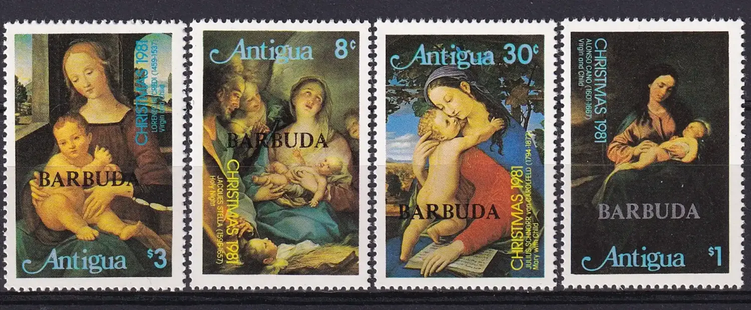 Barbuda 1981 Christmas - Antigua and Barbuda Postage Stamps Overprinted "BARBUDA" in Black or Silver MNH Barbuda 1981 Christmas - Antigua and Barbuda Postage Stamps Overprinted "BARBUDA" in Black or Silver MNH