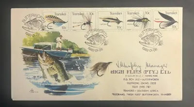 Transkei 1982 Fly Fishing FDC, Signed by the Manager of High Flies. Transkei 1982 Fly Fishing FDC, Signed by the Manager of High Flies.
