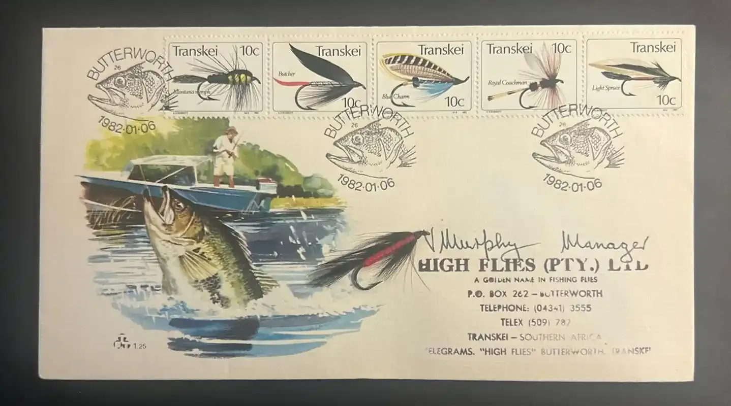 Transkei 1982 Fly Fishing FDC, Signed by the Manager of High Flies. Transkei 1982 Fly Fishing FDC, Signed by the Manager of High Flies.