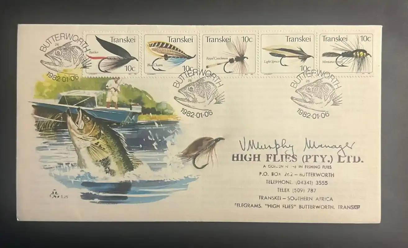 Transkei 1982 Fly Fishing FDC, Signed by the Manager of High Flies. Transkei 1982 Fly Fishing FDC, Signed by the Manager of High Flies.