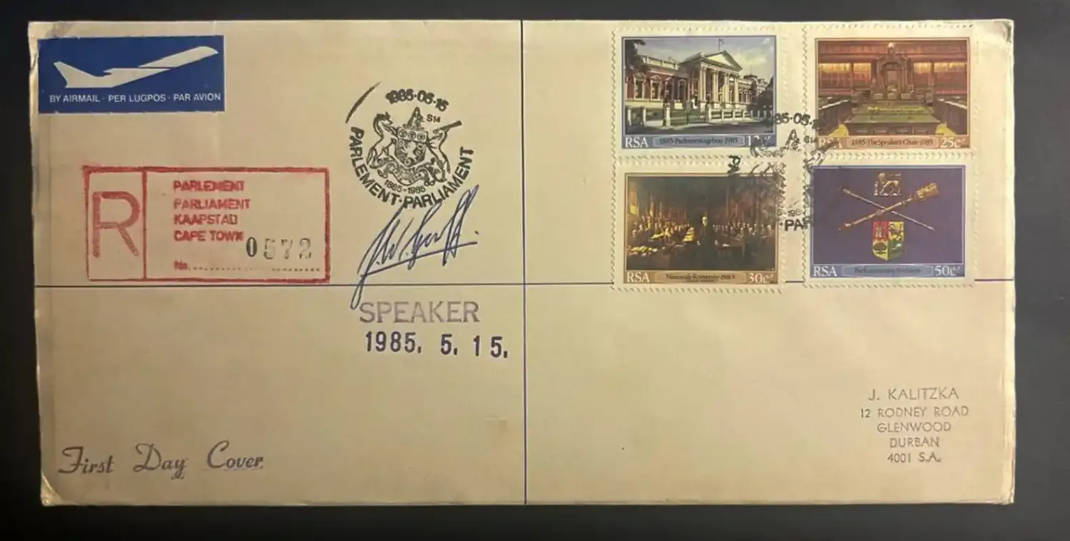 South Africa 1985 Parliament. Signed by the Speaker, FDC South Africa 1985 Parliament. Signed by the Speaker, FDC