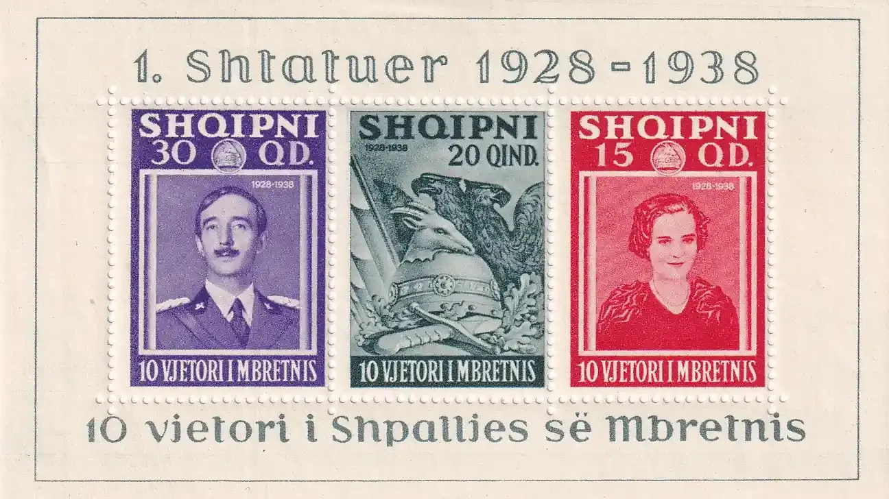Albania 1938 The 10th Anniv of the Reign of King Zog I (ss/3v). VFM H.R. Albania 1938 The 10th Anniv of the Reign of King Zog I (ss/3v). VFM H.R.