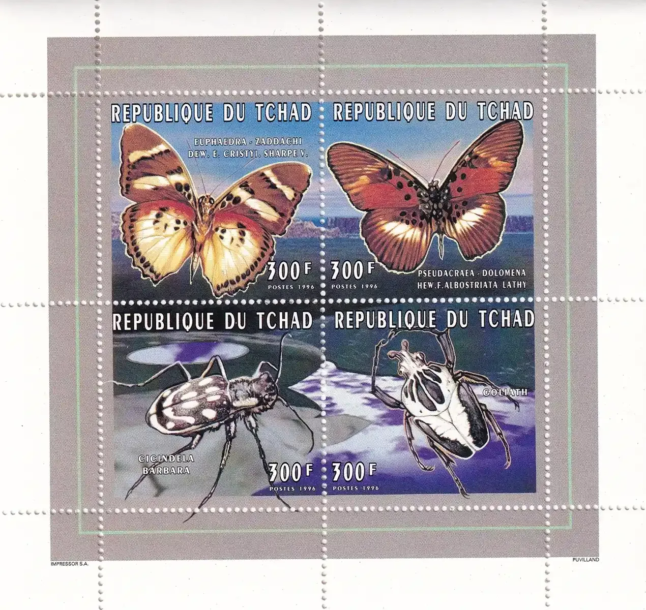 Chad 1996 Insects, Butterflies, Beetles (ss/4v). MNH(**) Chad 1996 Insects, Butterflies, Beetles (ss/4v). MNH(**)